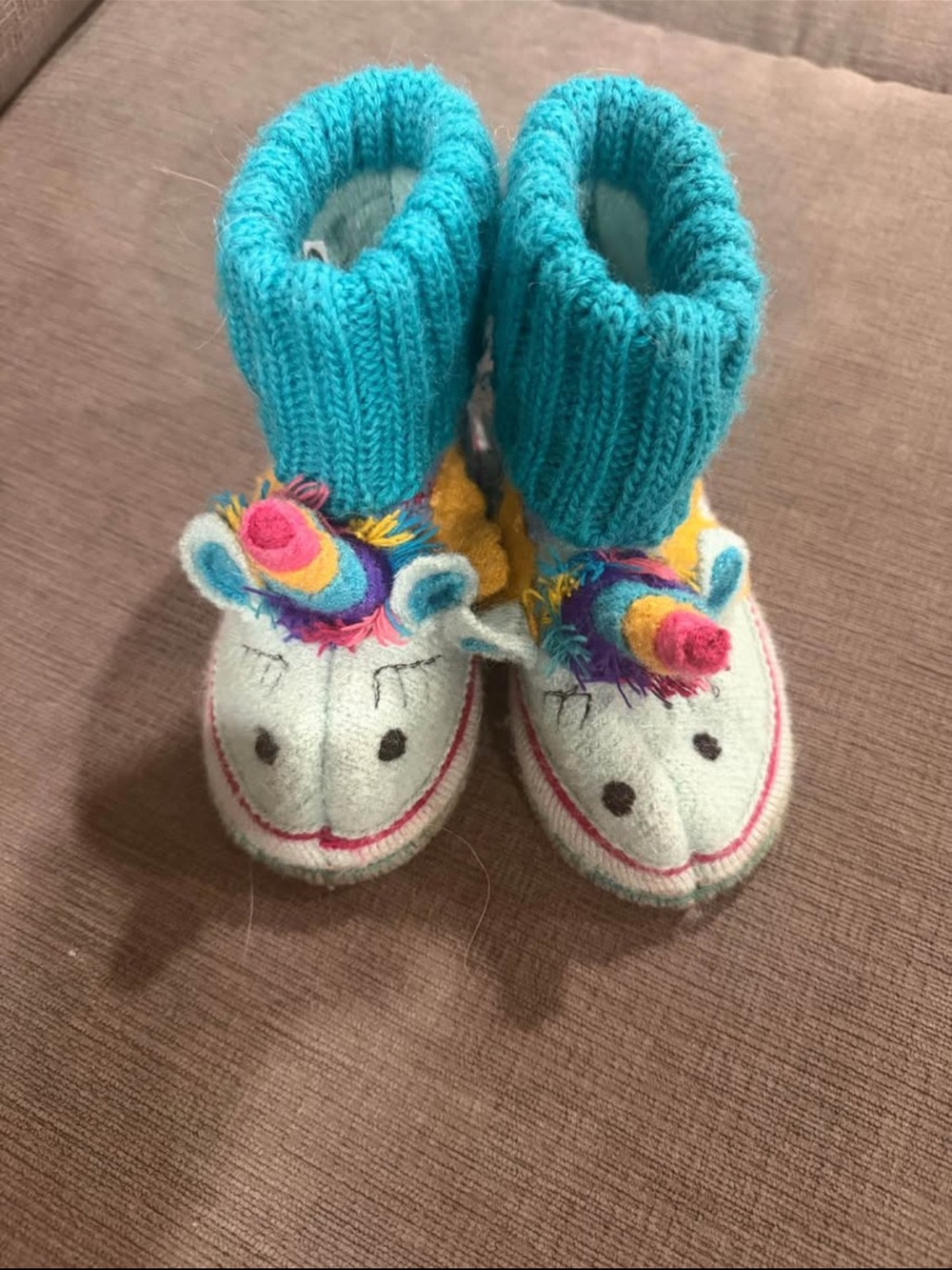 Garnet Hill Aqua Unicorn Knit Slipper Boots with Rainbow Accents